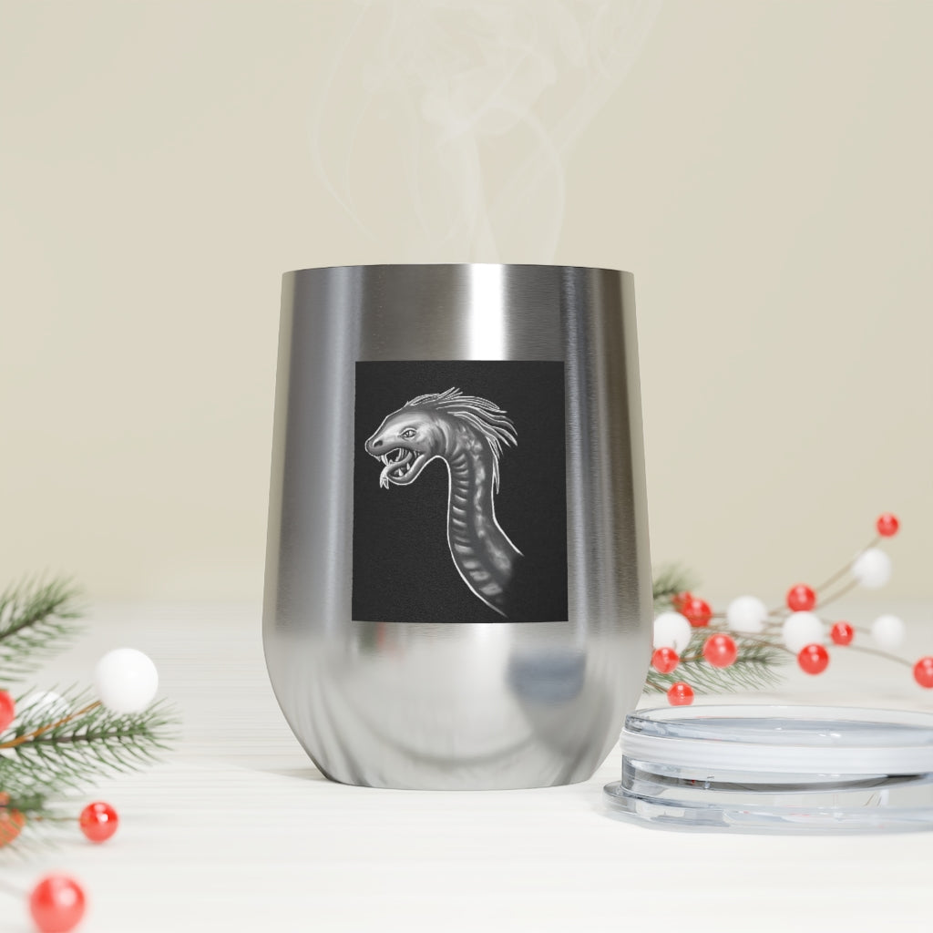 Serpent 12oz Insulated Wine Tumbler in stainless steel with a clear plastic lid, showcasing its sleek design and double-wall insulation.