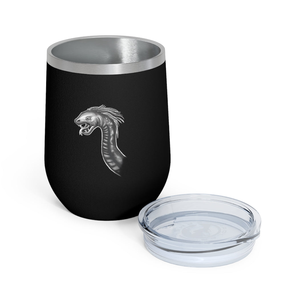 Serpent 12oz Insulated Wine Tumbler in stainless steel with a clear plastic lid, showcasing its sleek design and double-wall insulation.