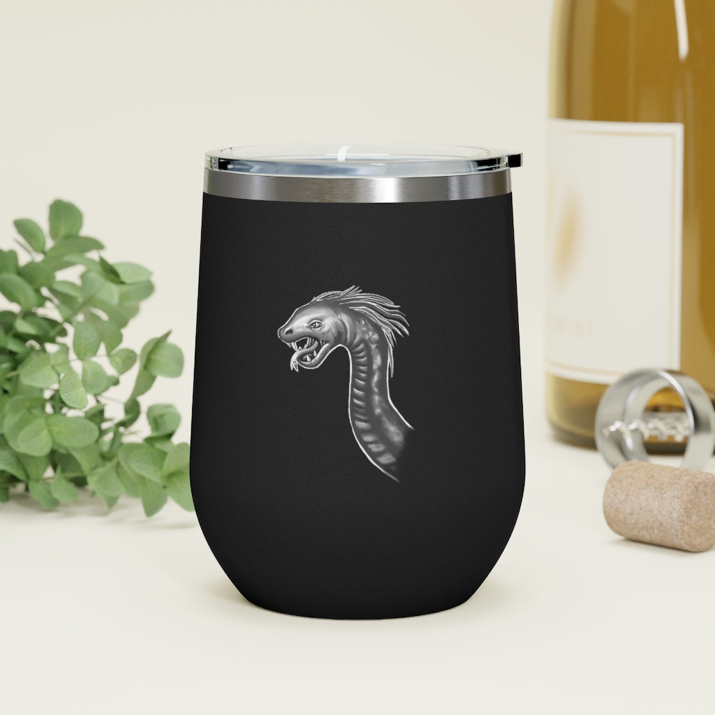 Serpent 12oz Insulated Wine Tumbler in stainless steel with a clear plastic lid, showcasing its sleek design and double-wall insulation.