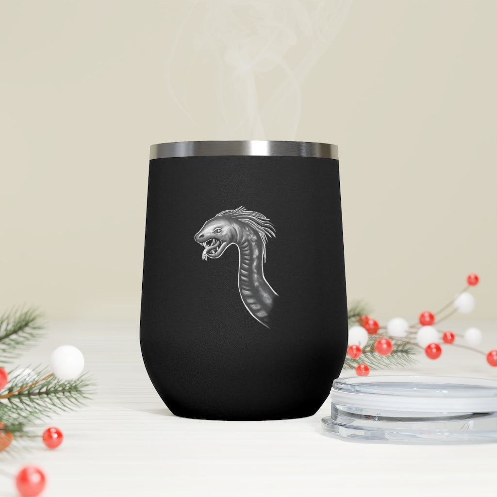 Serpent 12oz Insulated Wine Tumbler in stainless steel with a clear plastic lid, showcasing its sleek design and double-wall insulation.