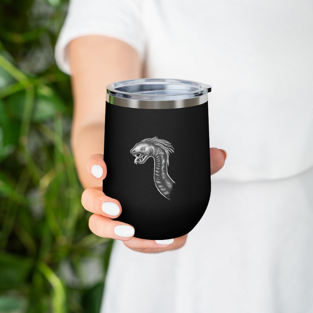 Serpent 12oz Insulated Wine Tumbler in stainless steel with a clear plastic lid, showcasing its sleek design and double-wall insulation.