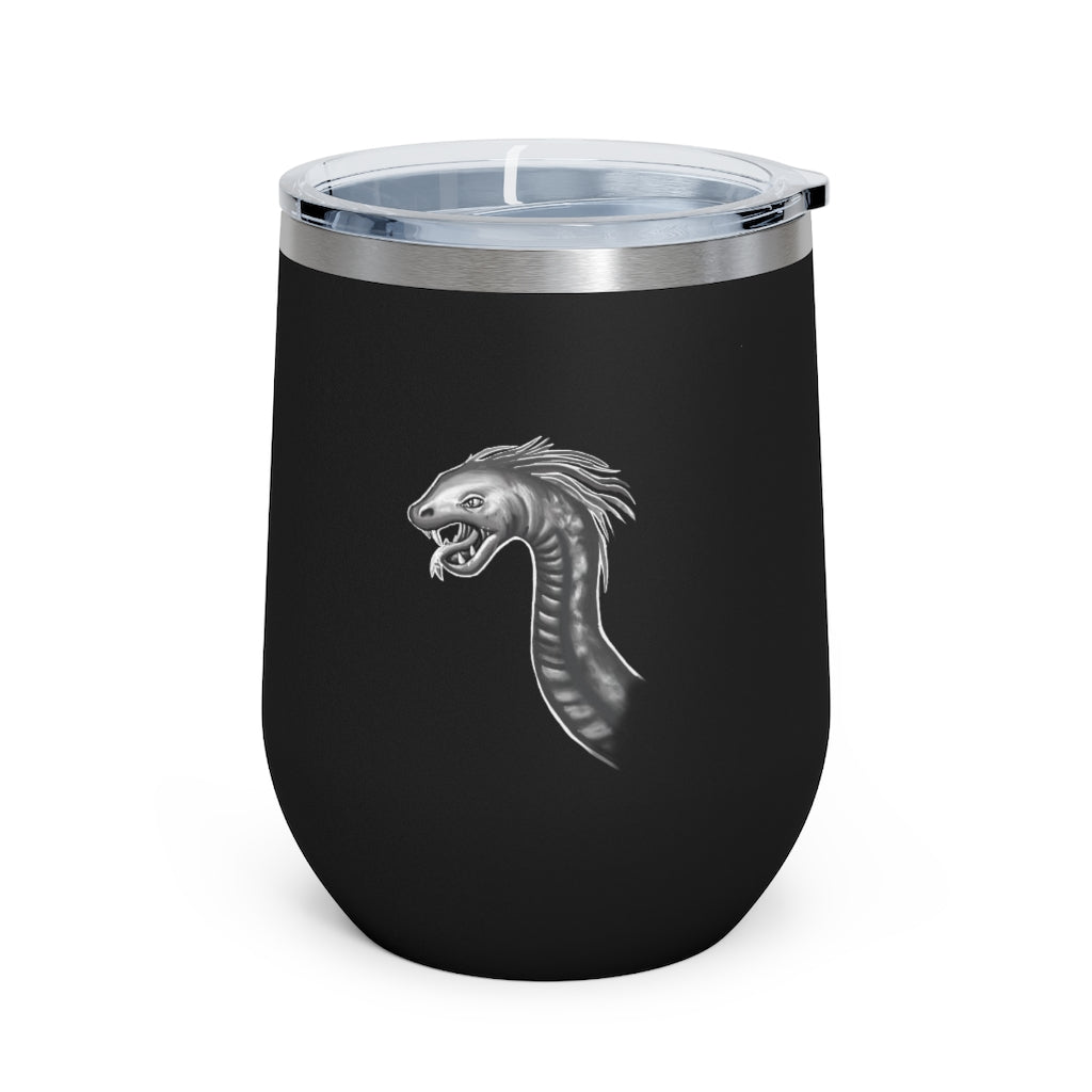 Serpent 12oz Insulated Wine Tumbler in stainless steel with a clear plastic lid, showcasing its sleek design and double-wall insulation.