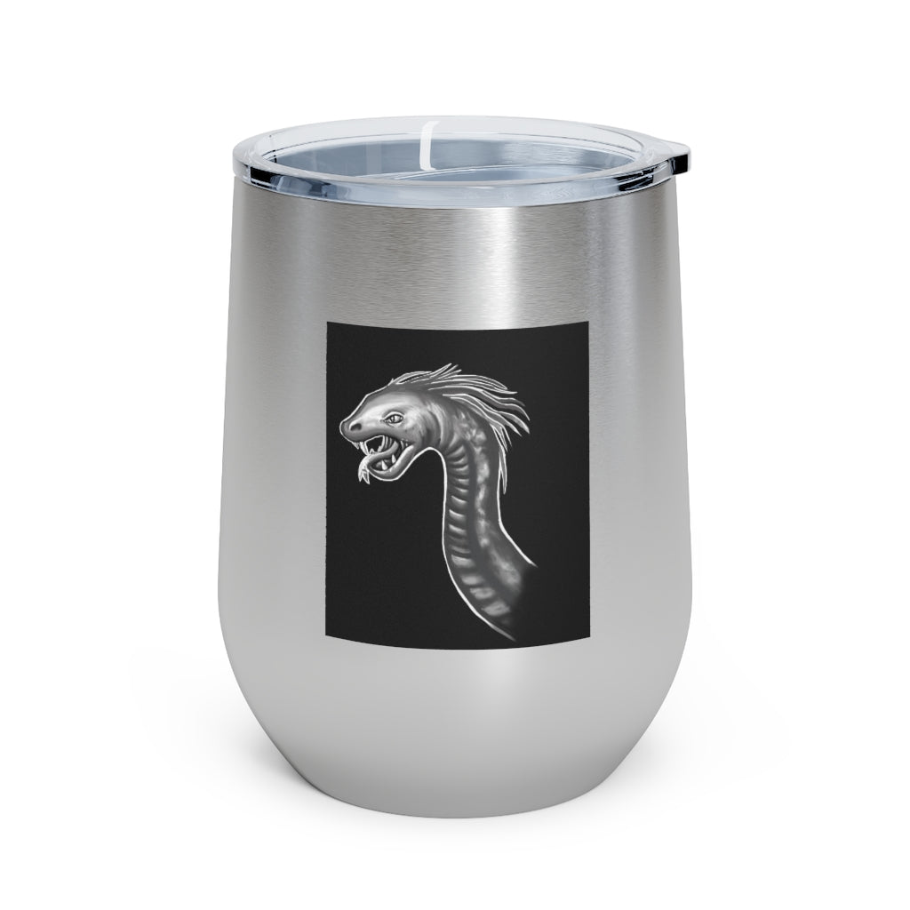 Serpent 12oz Insulated Wine Tumbler in stainless steel with a clear plastic lid, showcasing its sleek design and double-wall insulation.