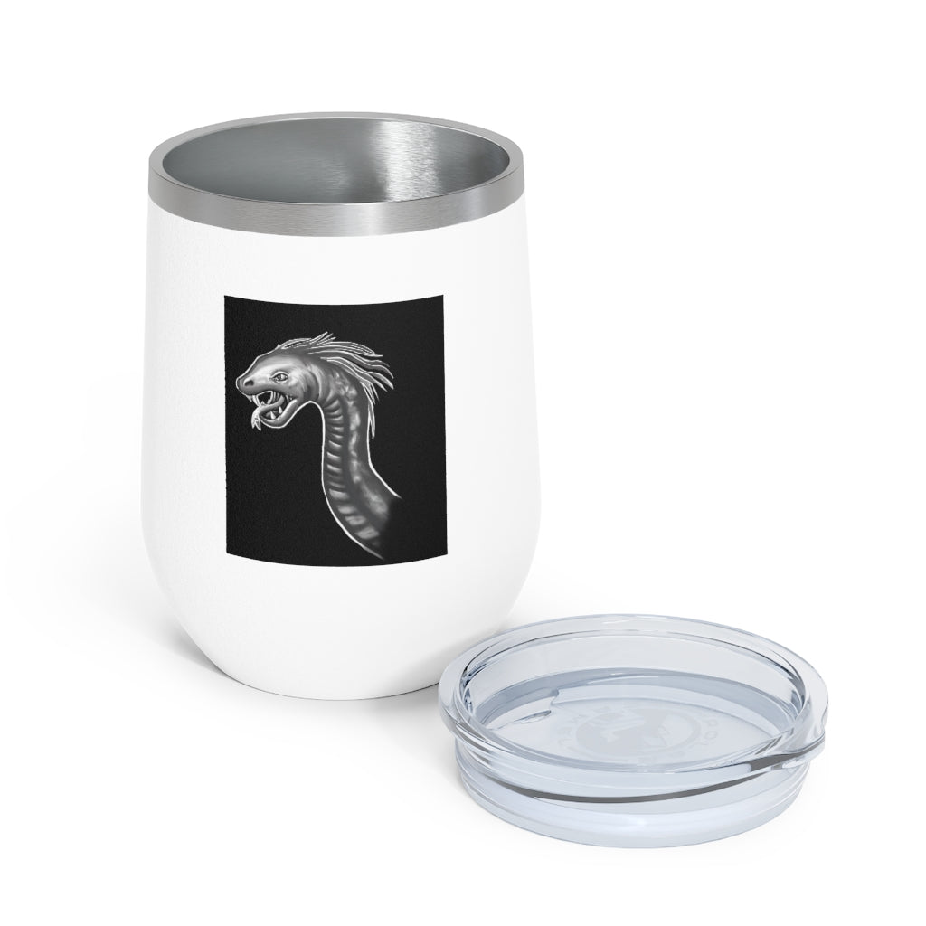 Serpent 12oz Insulated Wine Tumbler in stainless steel with a clear plastic lid, showcasing its sleek design and double-wall insulation.