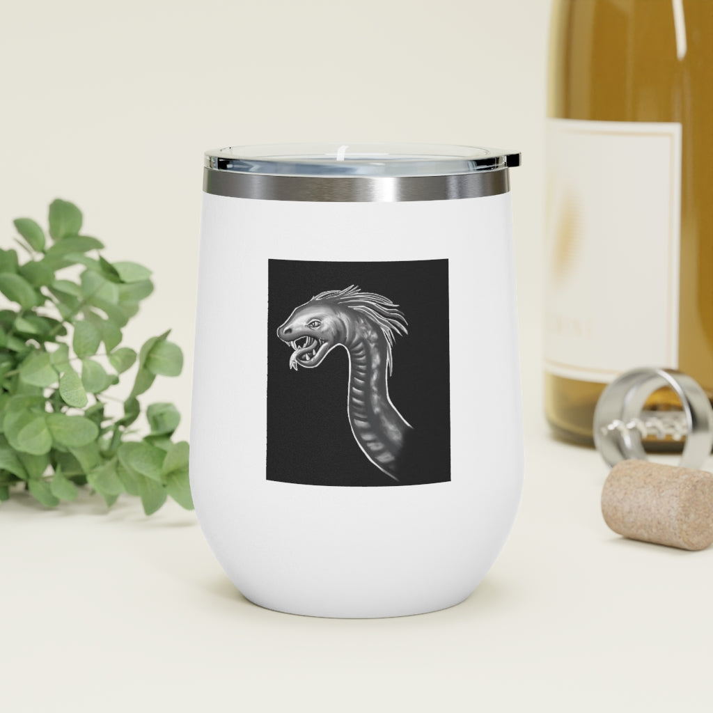 Serpent 12oz Insulated Wine Tumbler in stainless steel with a clear plastic lid, showcasing its sleek design and double-wall insulation.