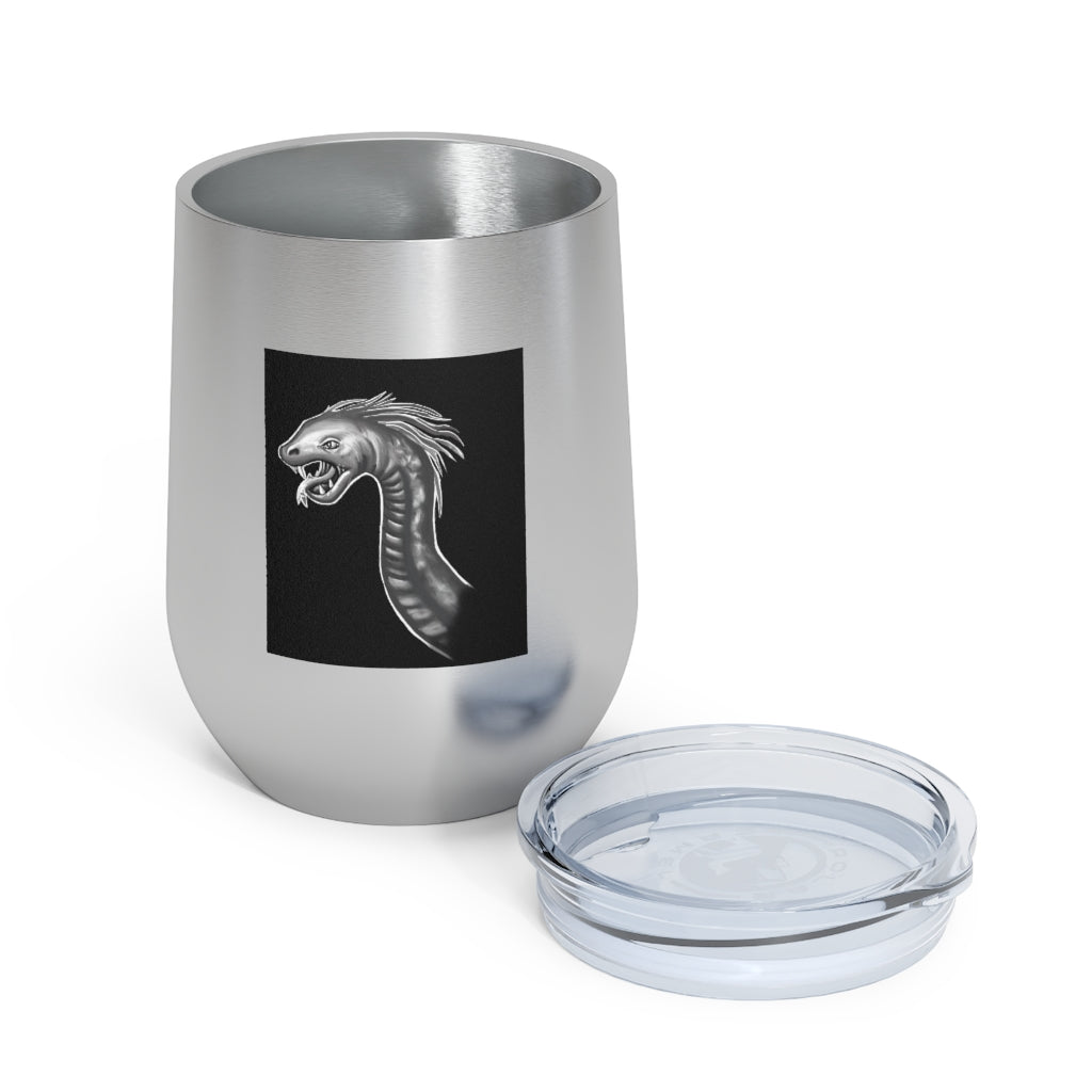 Serpent 12oz Insulated Wine Tumbler in stainless steel with a clear plastic lid, showcasing its sleek design and double-wall insulation.