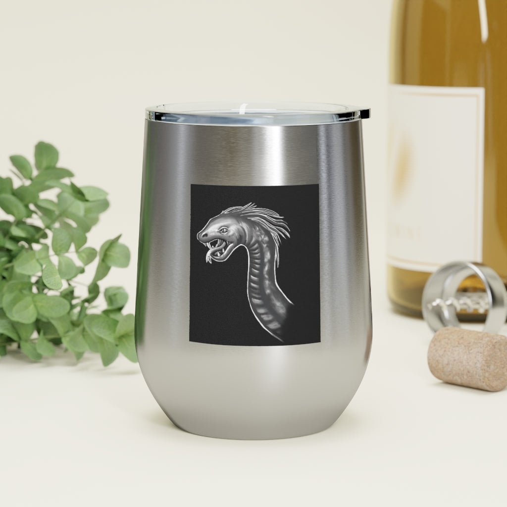 Serpent 12oz Insulated Wine Tumbler in stainless steel with a clear plastic lid, showcasing its sleek design and double-wall insulation.