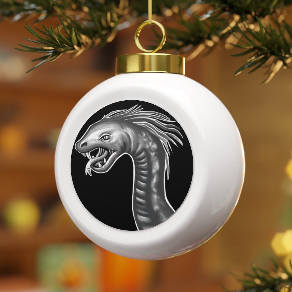 A beautiful 3-inch Serpent Christmas Ball Ornament with a glossy finish and gold ribbon, featuring a vintage design and custom metal insert.