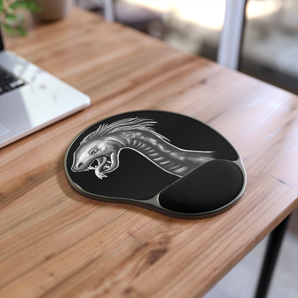 Serpent Mouse Pad featuring ergonomic Memory Foam wrist rest and custom-printed neoprene insert, designed for comfort and style.