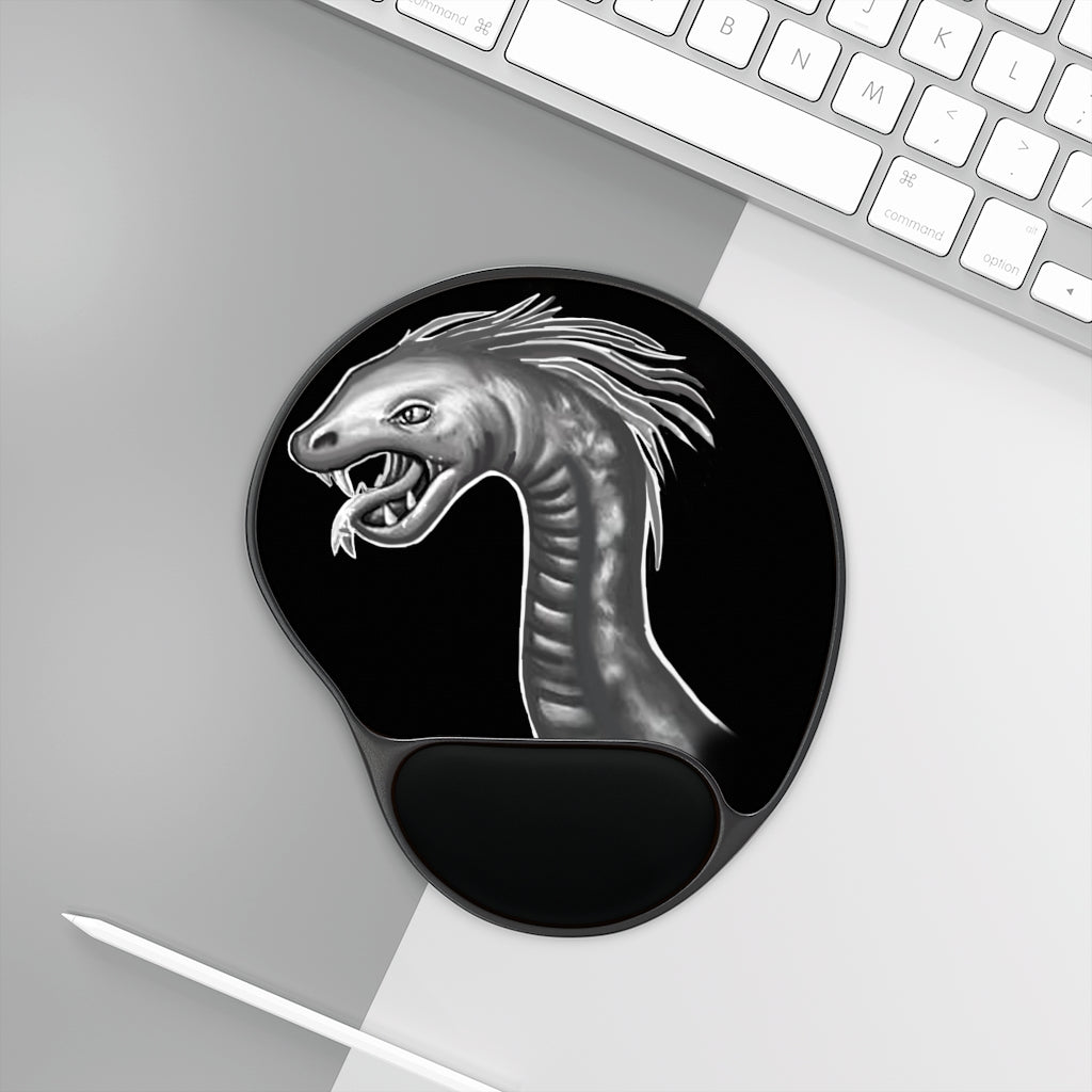 Serpent Mouse Pad featuring ergonomic Memory Foam wrist rest and custom-printed neoprene insert, designed for comfort and style.