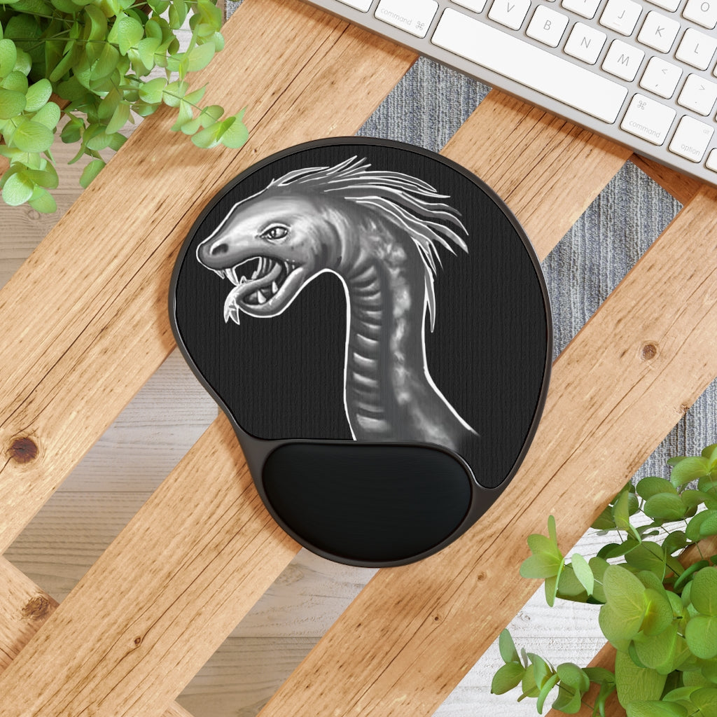 Serpent Mouse Pad featuring ergonomic Memory Foam wrist rest and custom-printed neoprene insert, designed for comfort and style.