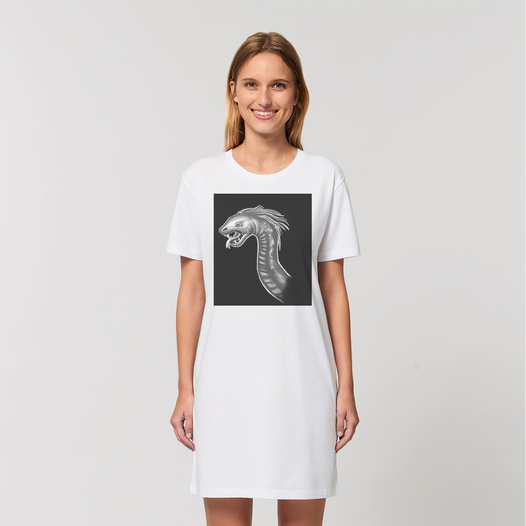 A stylish Serpent Organic T-Shirt Dress made from 100% organic cotton, featuring a soft-hand feel and set-in sleeves.