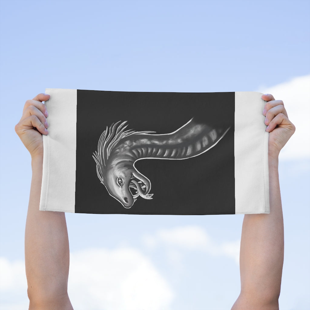 Serpent Rally Towel measuring 11x18 inches, featuring a soft polyester front and absorbent cotton backing, ideal for personalization.