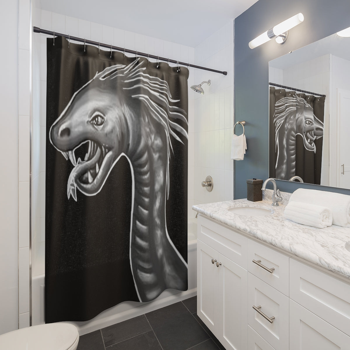 A vibrant Serpent Shower Curtain featuring a unique design, made from durable polyester, hanging in a stylish bathroom setting.