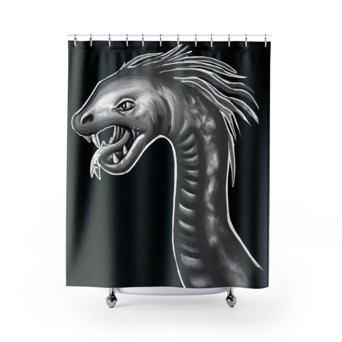 A vibrant Serpent Shower Curtain featuring a unique design, made from durable polyester, hanging in a stylish bathroom setting.