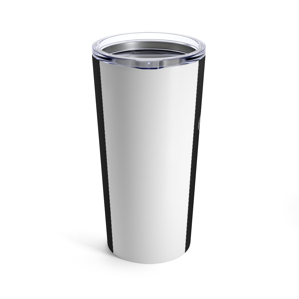 Serpent Tumbler 20oz in stainless steel with a see-thru plastic lid, showcasing its sleek design and rounded corners.