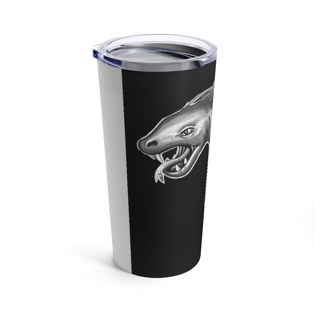 Serpent Tumbler 20oz in stainless steel with a see-thru plastic lid, showcasing its sleek design and rounded corners.