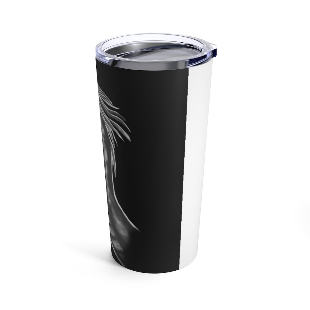 Serpent Tumbler 20oz in stainless steel with a see-thru plastic lid, showcasing its sleek design and rounded corners.