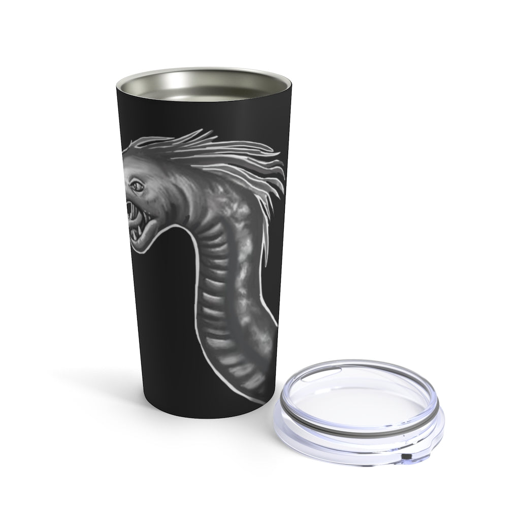 Serpent Tumbler 20oz in stainless steel with a see-thru plastic lid, showcasing its sleek design and rounded corners.