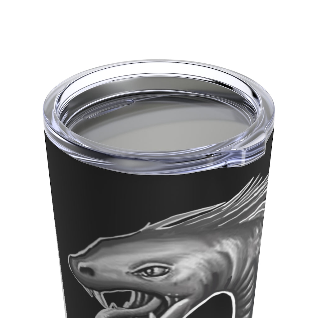 Serpent Tumbler 20oz in stainless steel with a see-thru plastic lid, showcasing its sleek design and rounded corners.