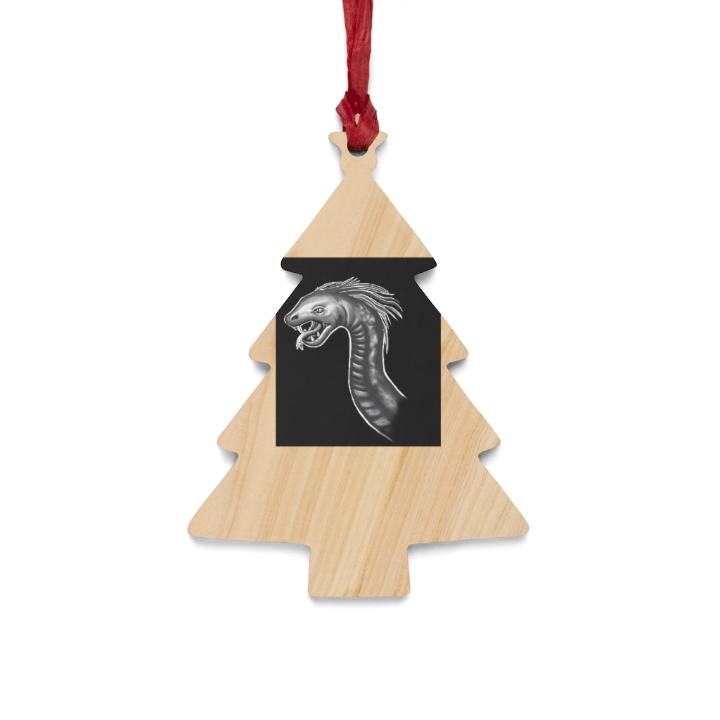 Serpent Wooden Christmas Ornaments in various whimsical shapes, showcasing rustic wood finish and red ribbons for hanging.