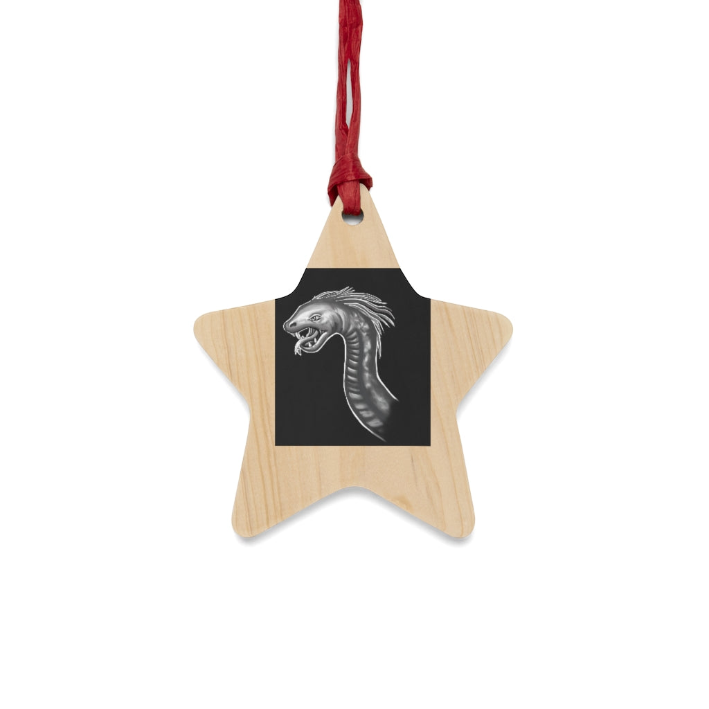 Serpent Wooden Christmas Ornaments in various whimsical shapes, showcasing rustic wood finish and red ribbons for hanging.