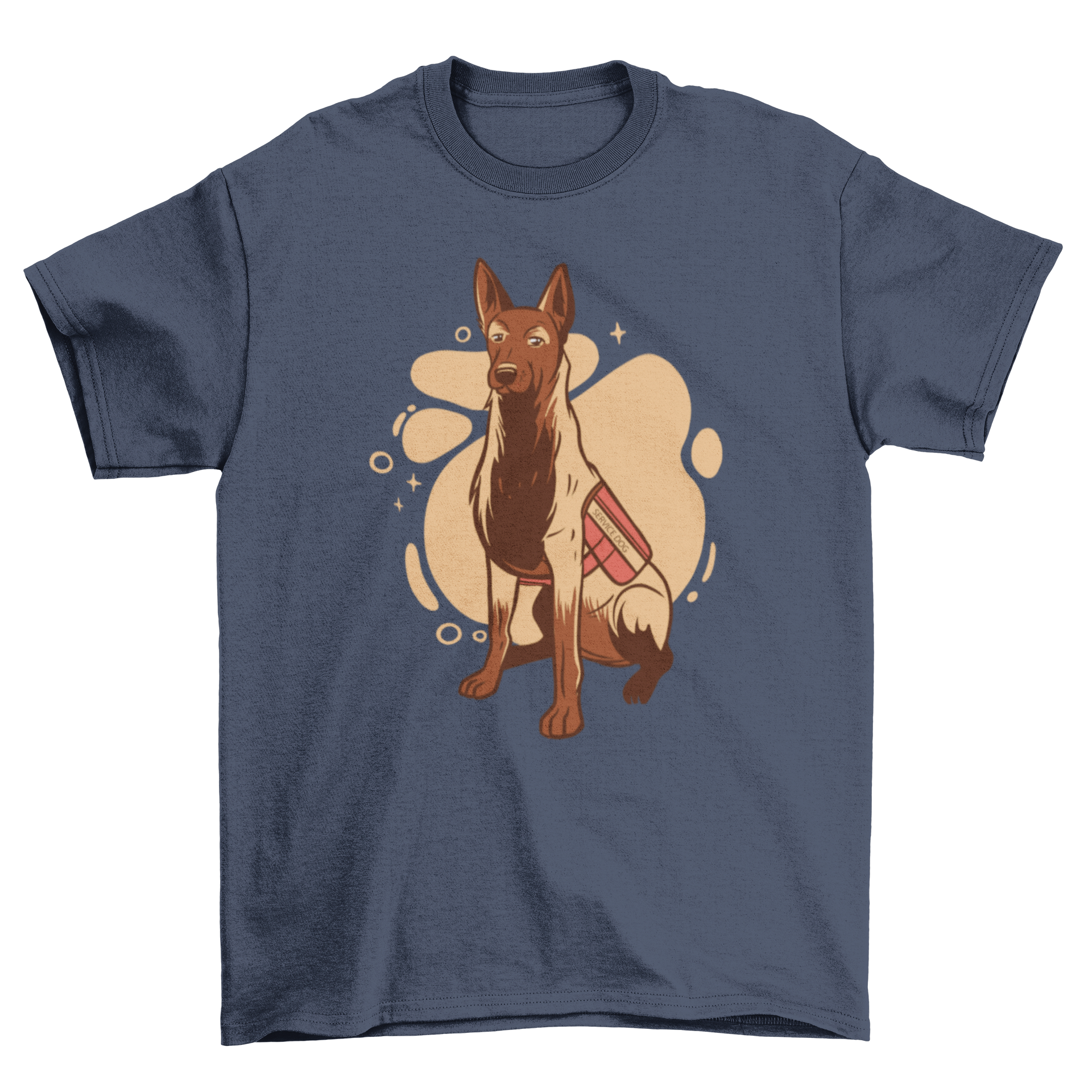 Stylish t-shirt featuring a Belgian Malinois in a red service dog vest, showcasing a unique illustration.