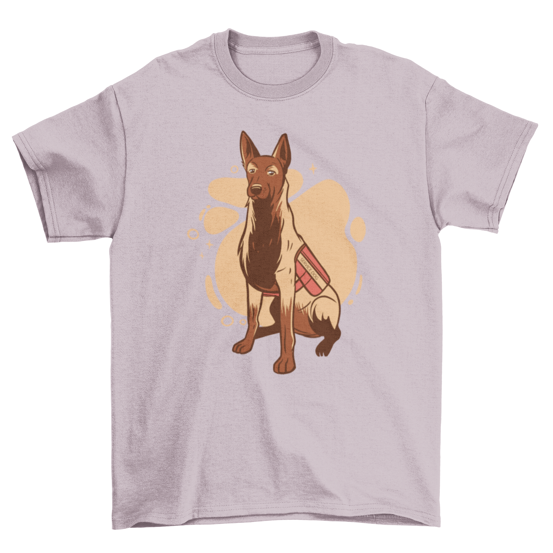 Stylish t-shirt featuring a Belgian Malinois in a red service dog vest, showcasing a unique illustration.