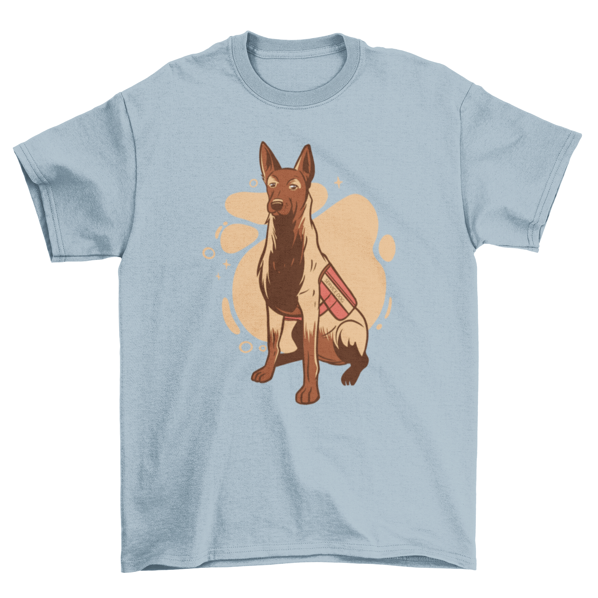 Stylish t-shirt featuring a Belgian Malinois in a red service dog vest, showcasing a unique illustration.