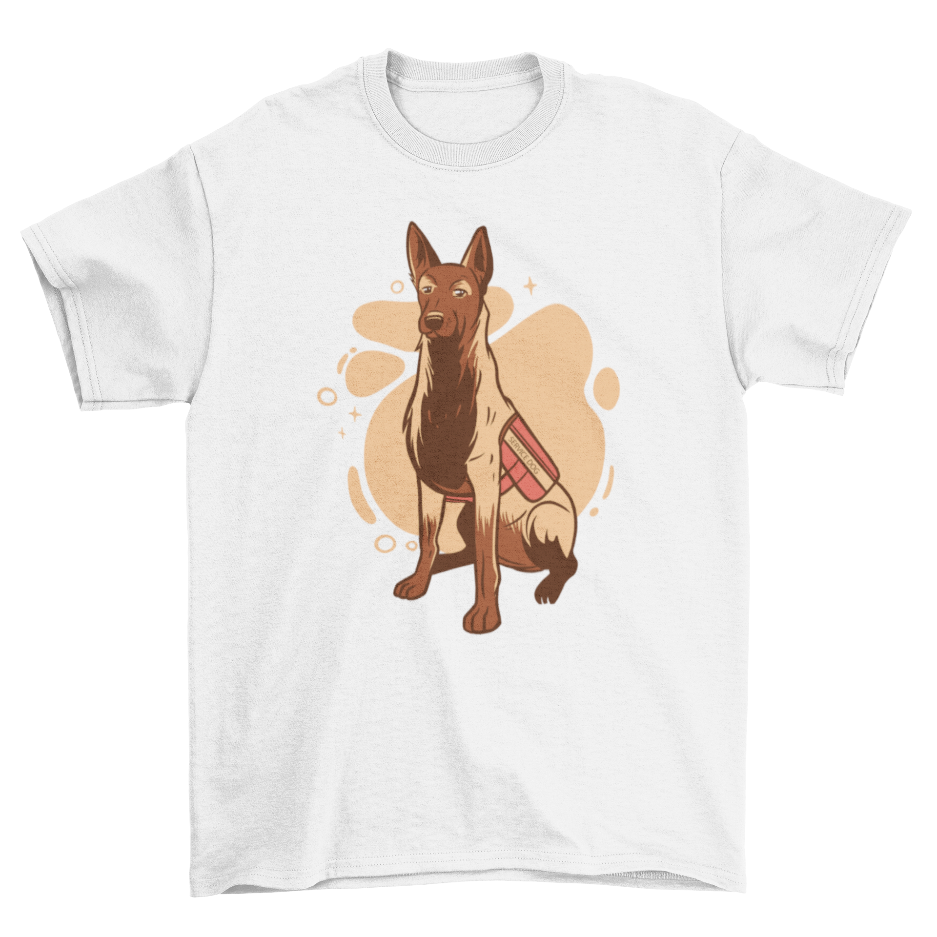 Stylish t-shirt featuring a Belgian Malinois in a red service dog vest, showcasing a unique illustration.