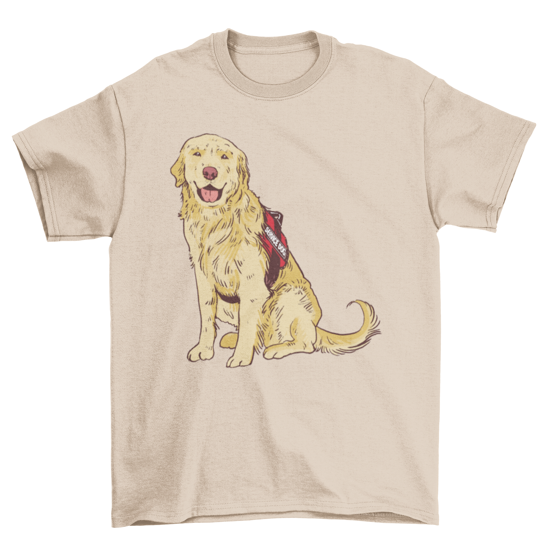 A cute t-shirt featuring a golden retriever service dog graphic, perfect for dog lovers.