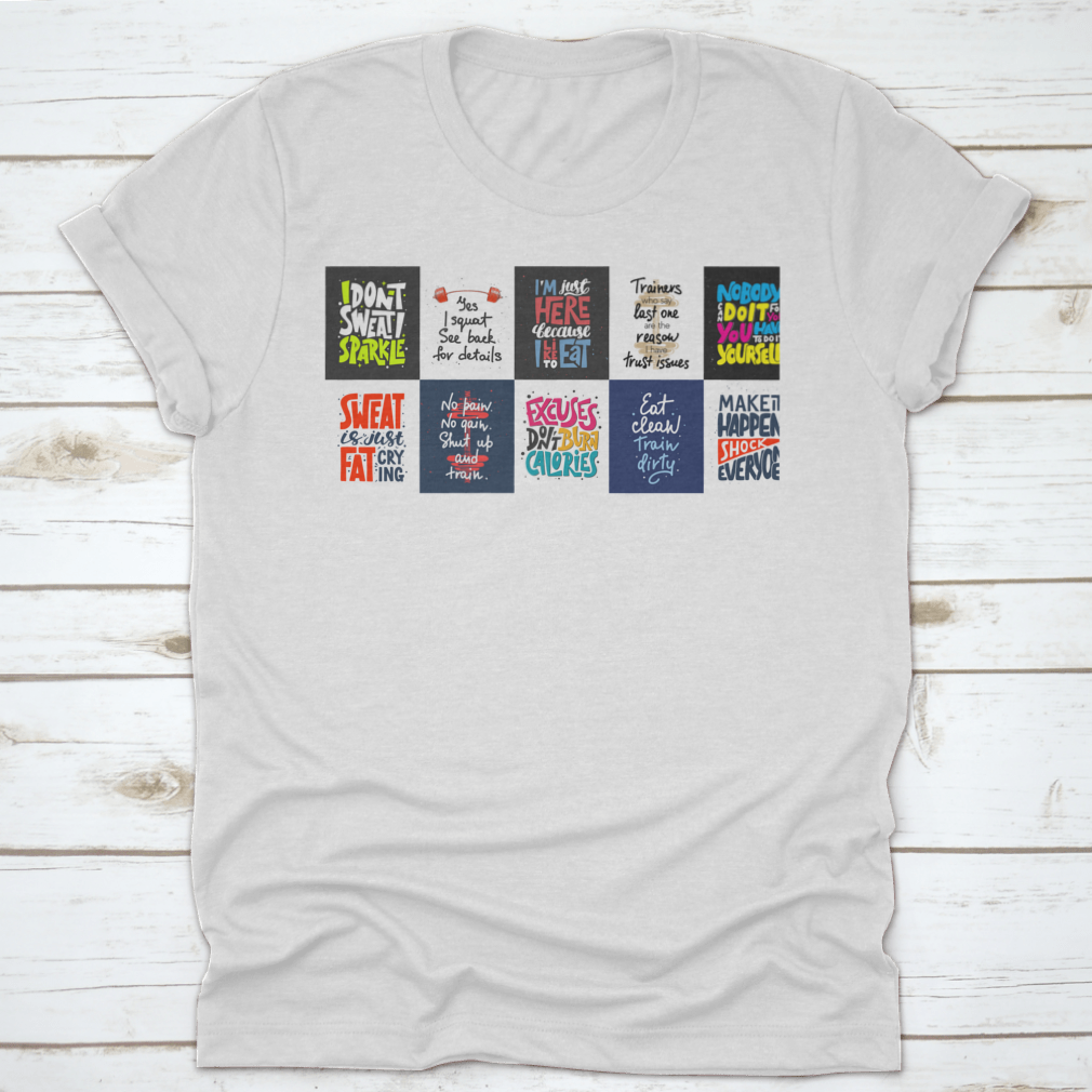 Set of 10 t-shirts featuring inspirational hand-drawn typography designs, showcasing various colors and styles.