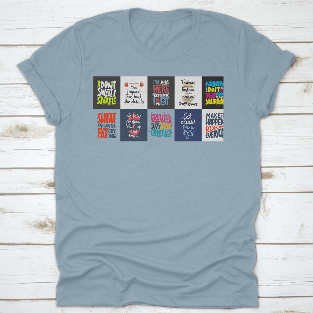 Set of 10 t-shirts featuring inspirational hand-drawn typography designs, showcasing various colors and styles.