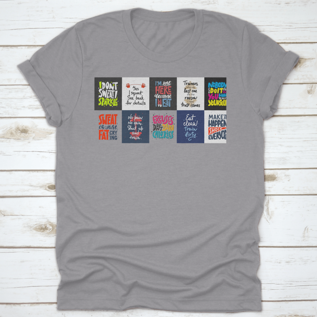 Set of 10 t-shirts featuring inspirational hand-drawn typography designs, showcasing various colors and styles.