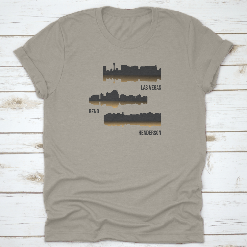 Set of 3 City Silhouette shirts featuring Las Vegas, Reno, and Henderson designs, showcasing vibrant city skylines on comfortable fabric.