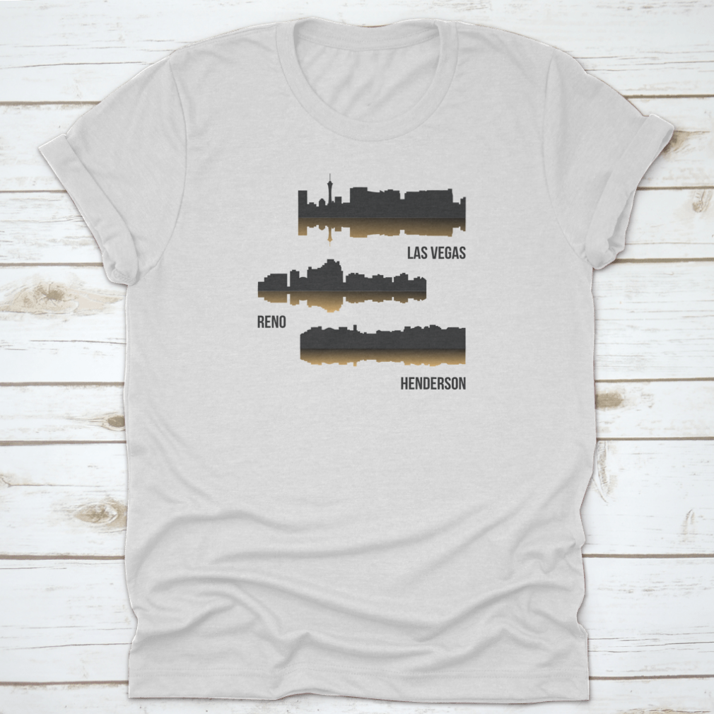 Set of 3 City Silhouette shirts featuring Las Vegas, Reno, and Henderson designs, showcasing vibrant city skylines on comfortable fabric.