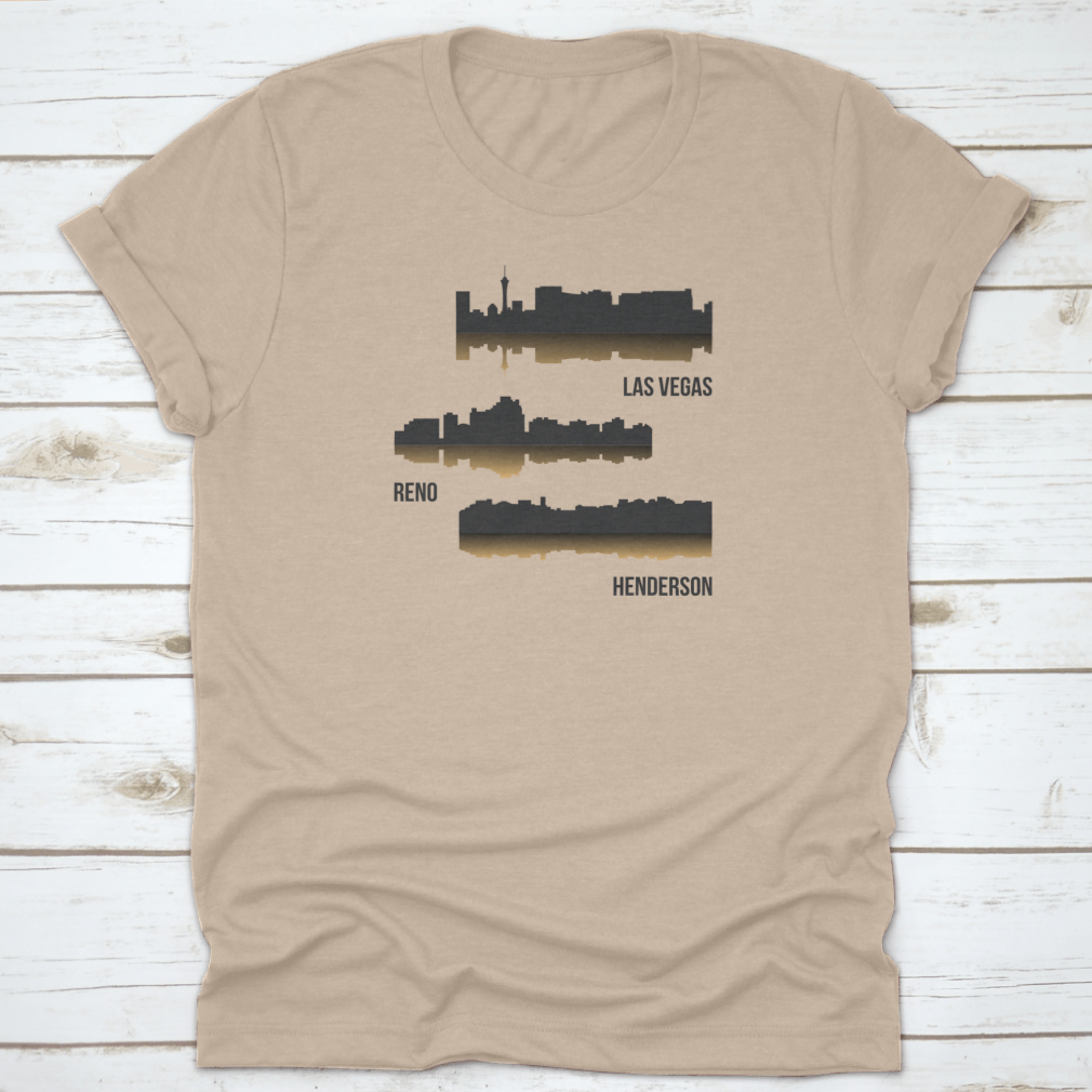 Set of 3 City Silhouette shirts featuring Las Vegas, Reno, and Henderson designs, showcasing vibrant city skylines on comfortable fabric.