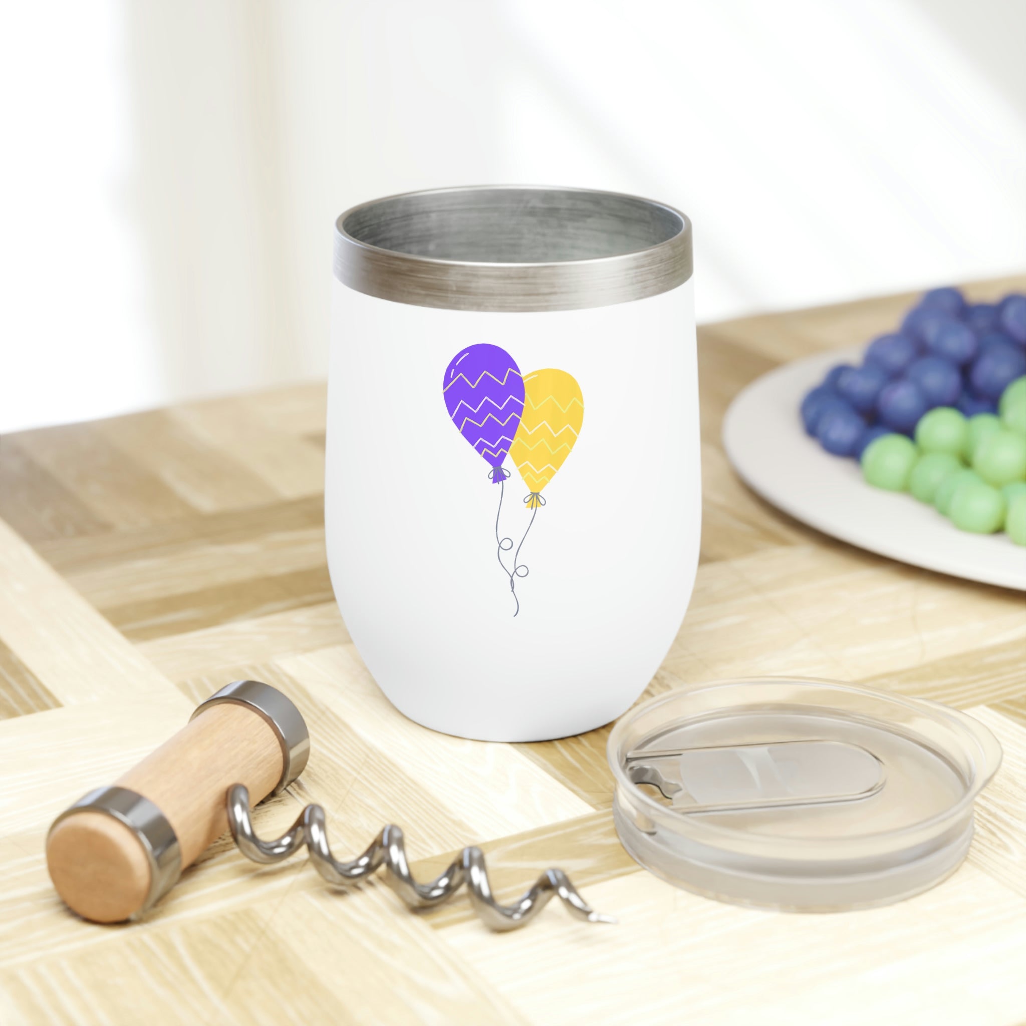 Set of Balloons Chill Wine Tumbler in stainless steel with a colorful balloon design, perfect for keeping wine at the ideal temperature.