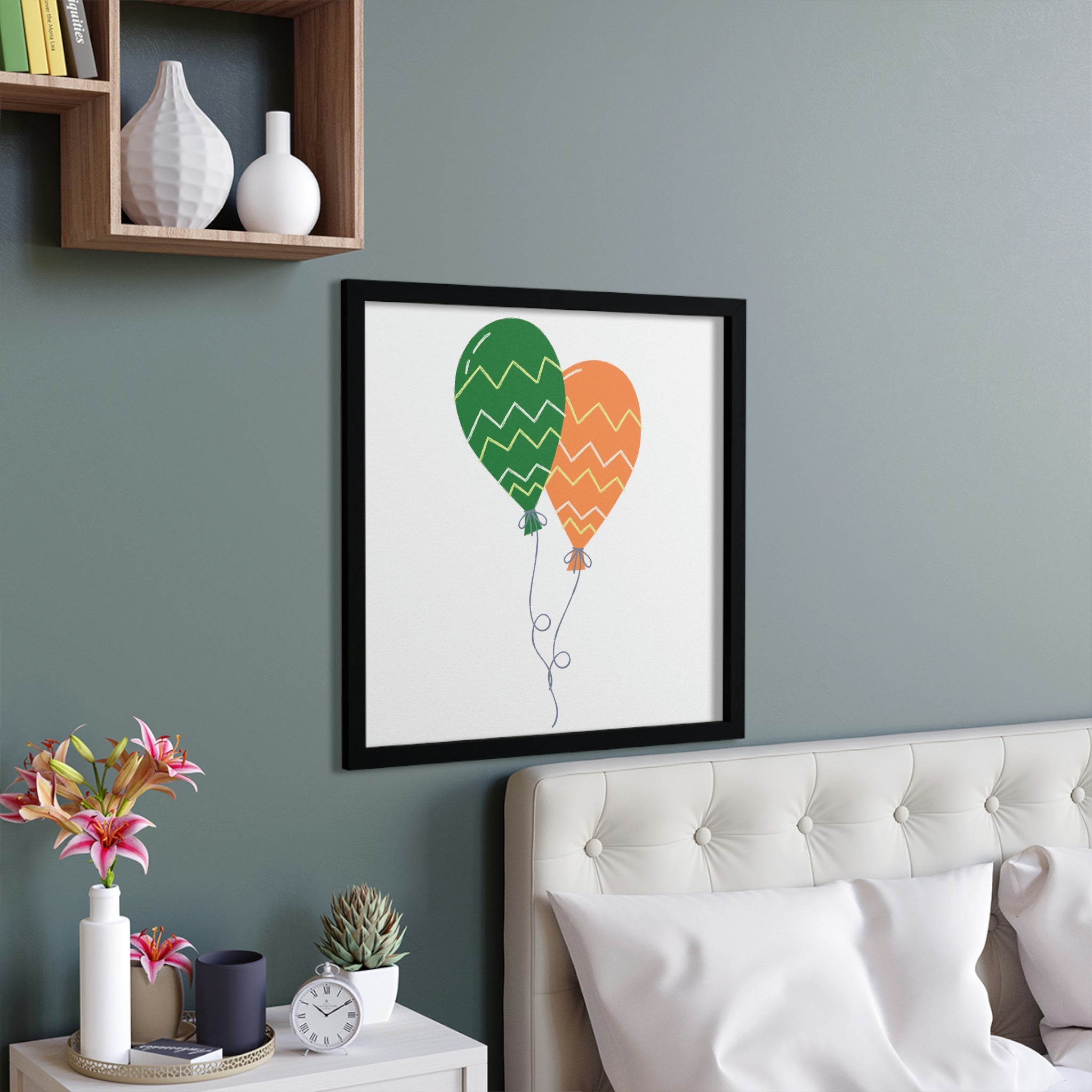 A vibrant Set of Balloons Framed Poster featuring colorful balloons in a hand-crafted wooden frame, ready for hanging.