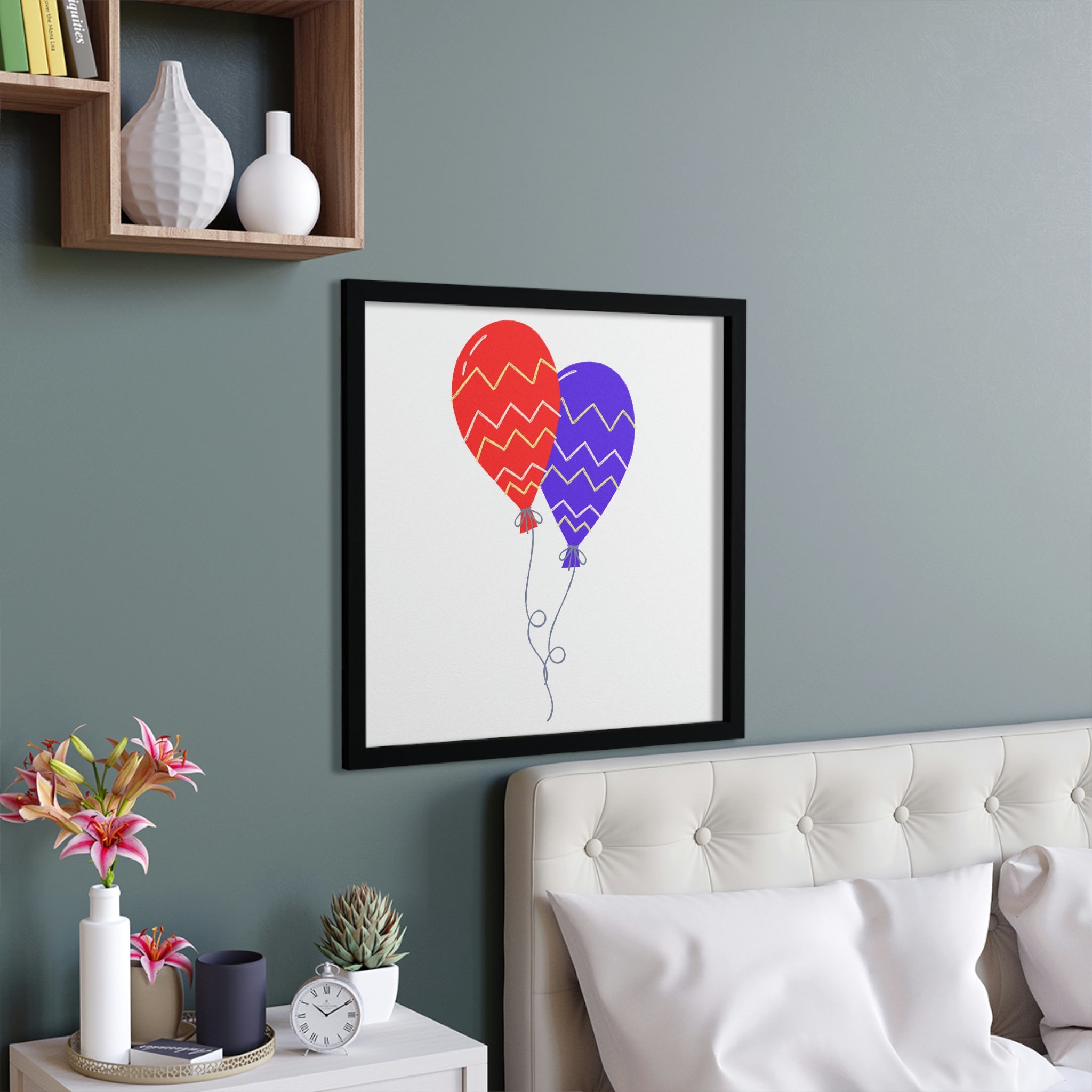 A colorful framed poster featuring balloons, elegantly displayed in a hand-crafted wooden frame, perfect for home decor.