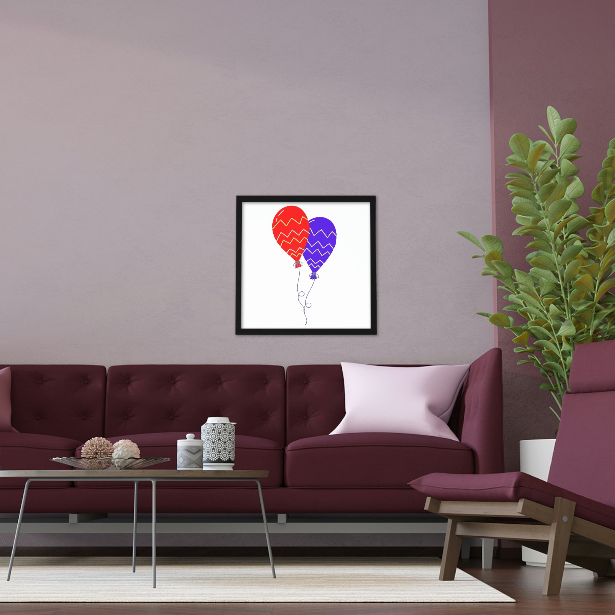 A colorful framed poster featuring balloons, elegantly displayed in a hand-crafted wooden frame, perfect for home decor.