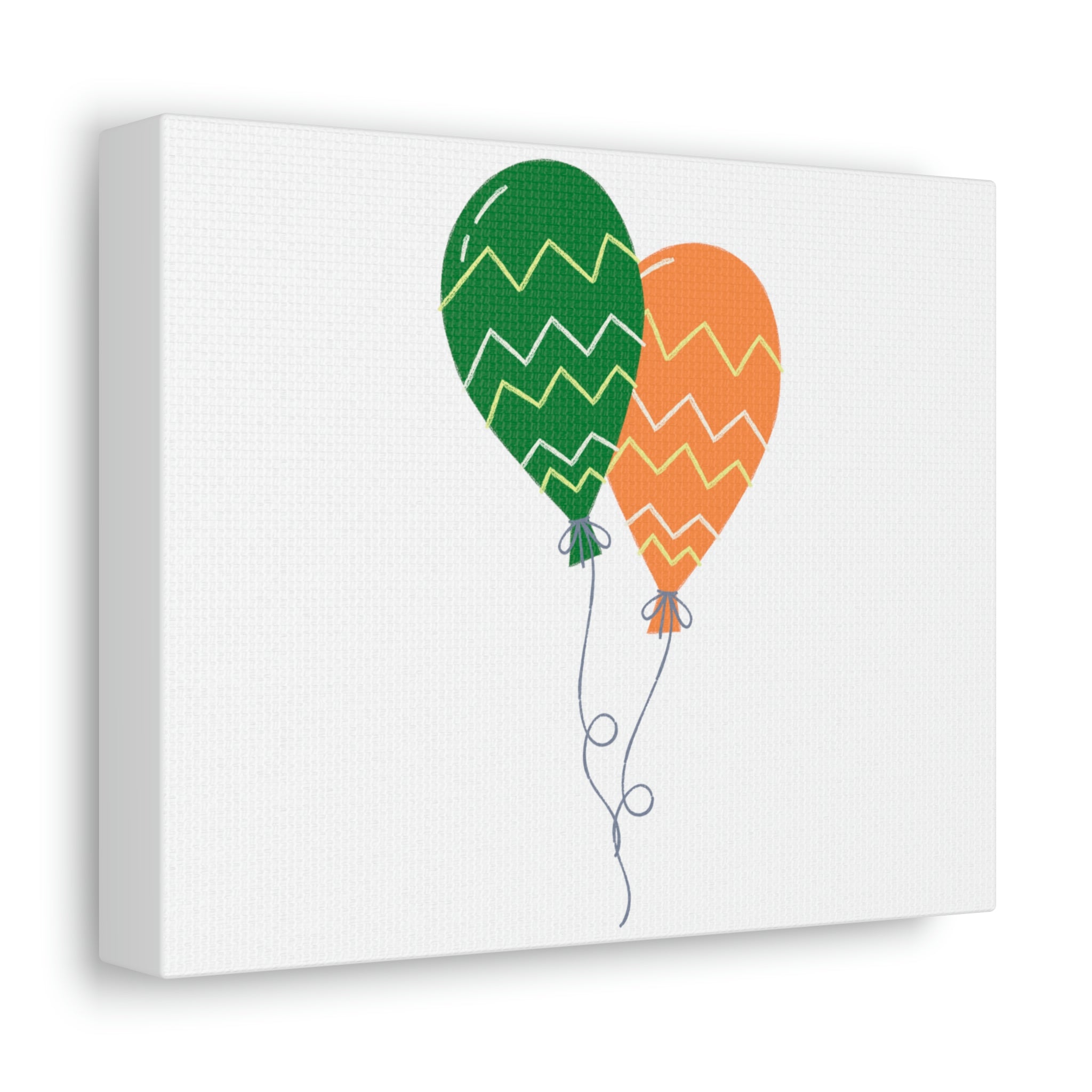 A colorful set of balloons printed on a stretched canvas, showcasing vibrant hues and high-quality details, framed on a sturdy wooden structure.