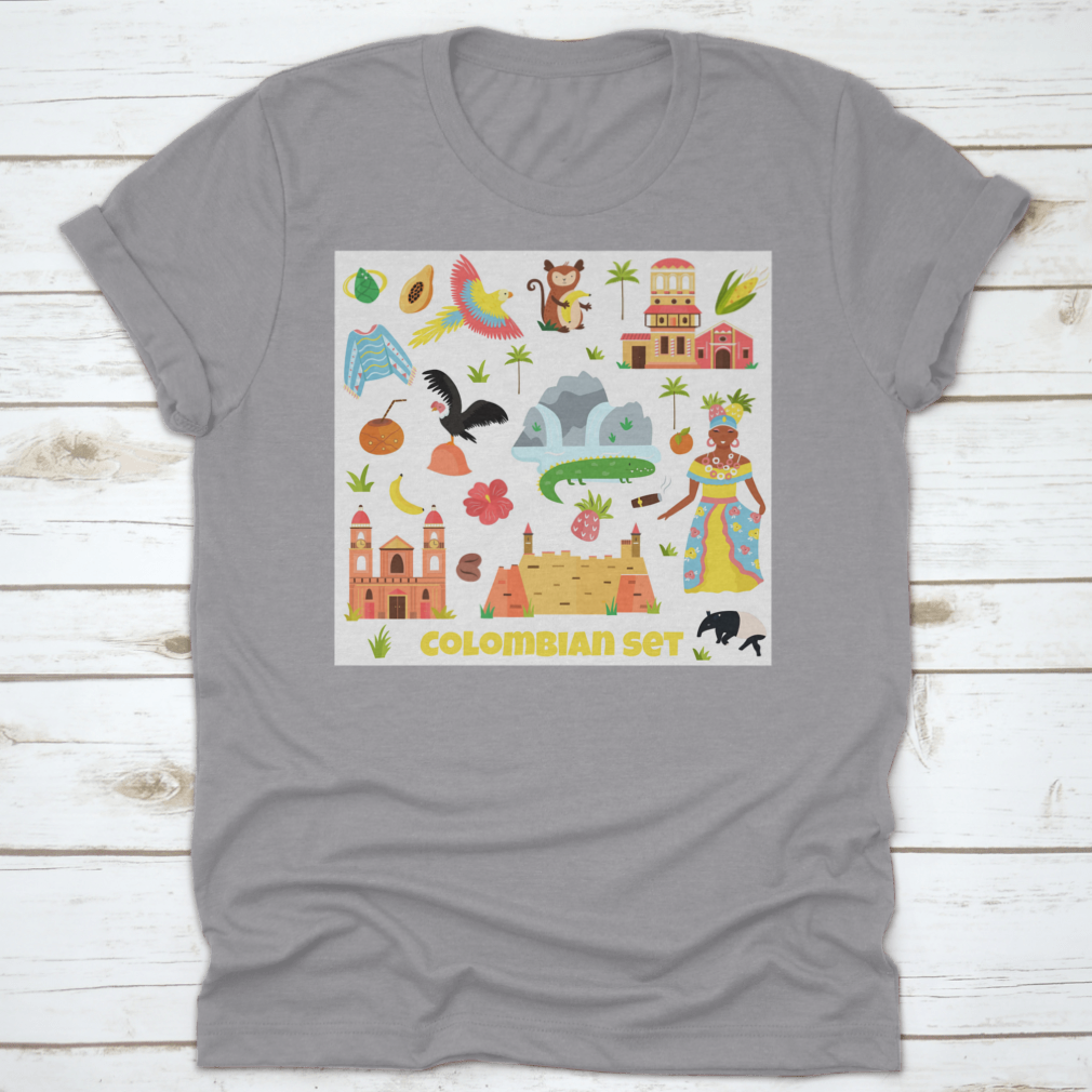 A vibrant set of colorful travel symbols representing nature, food, plants, and animals, ideal for tourists and adventurers.