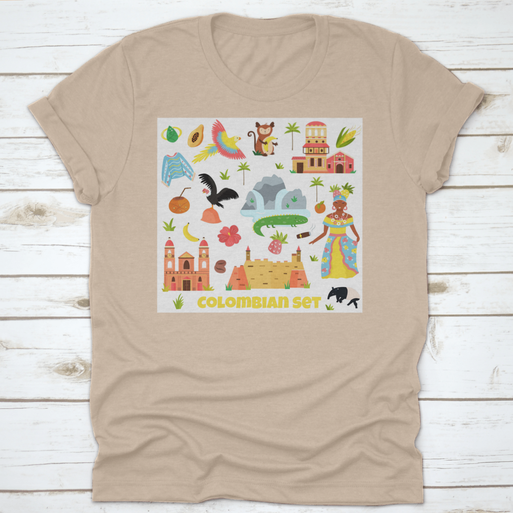 A vibrant set of colorful travel symbols representing nature, food, plants, and animals, ideal for tourists and adventurers.