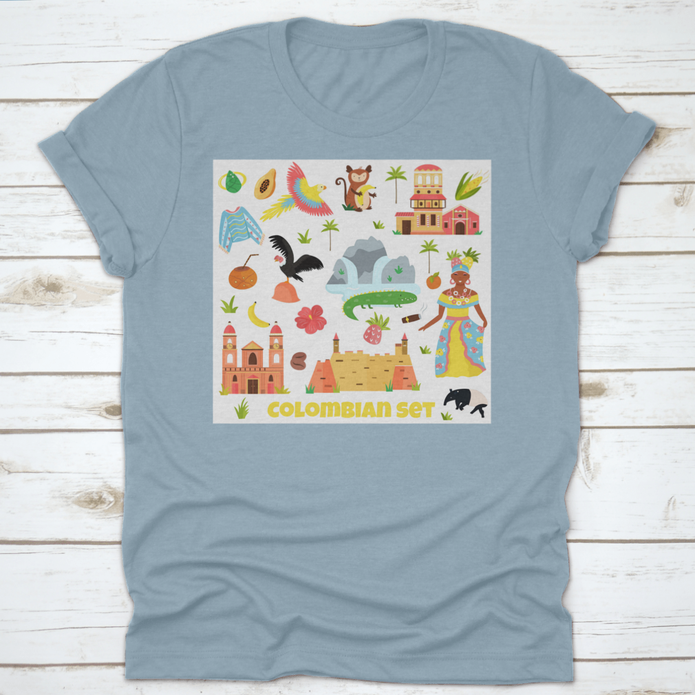 A vibrant set of colorful travel symbols representing nature, food, plants, and animals, ideal for tourists and adventurers.