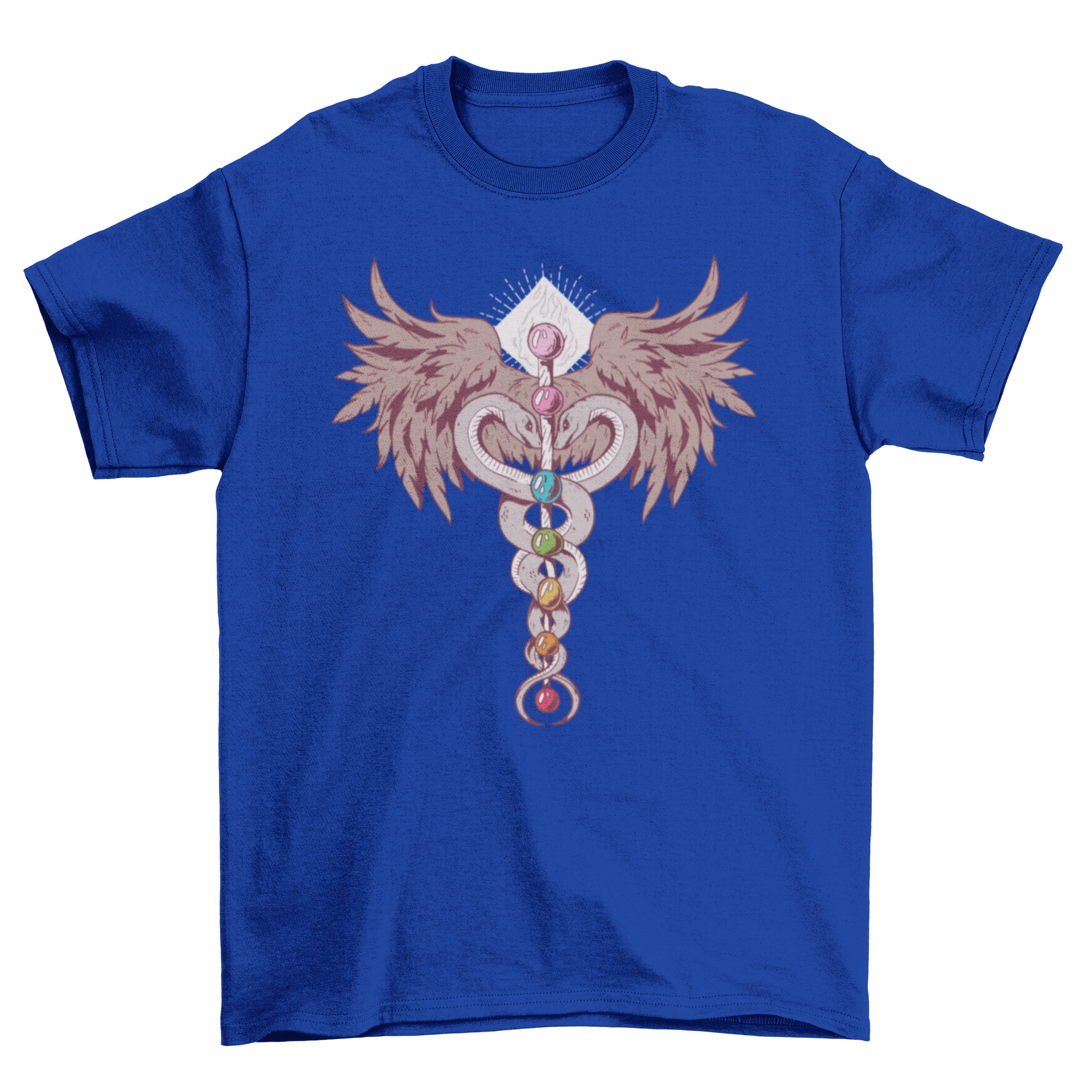 A colorful Seven Chakras T-Shirt featuring an artistic illustration of the seven chakras aligned vertically.