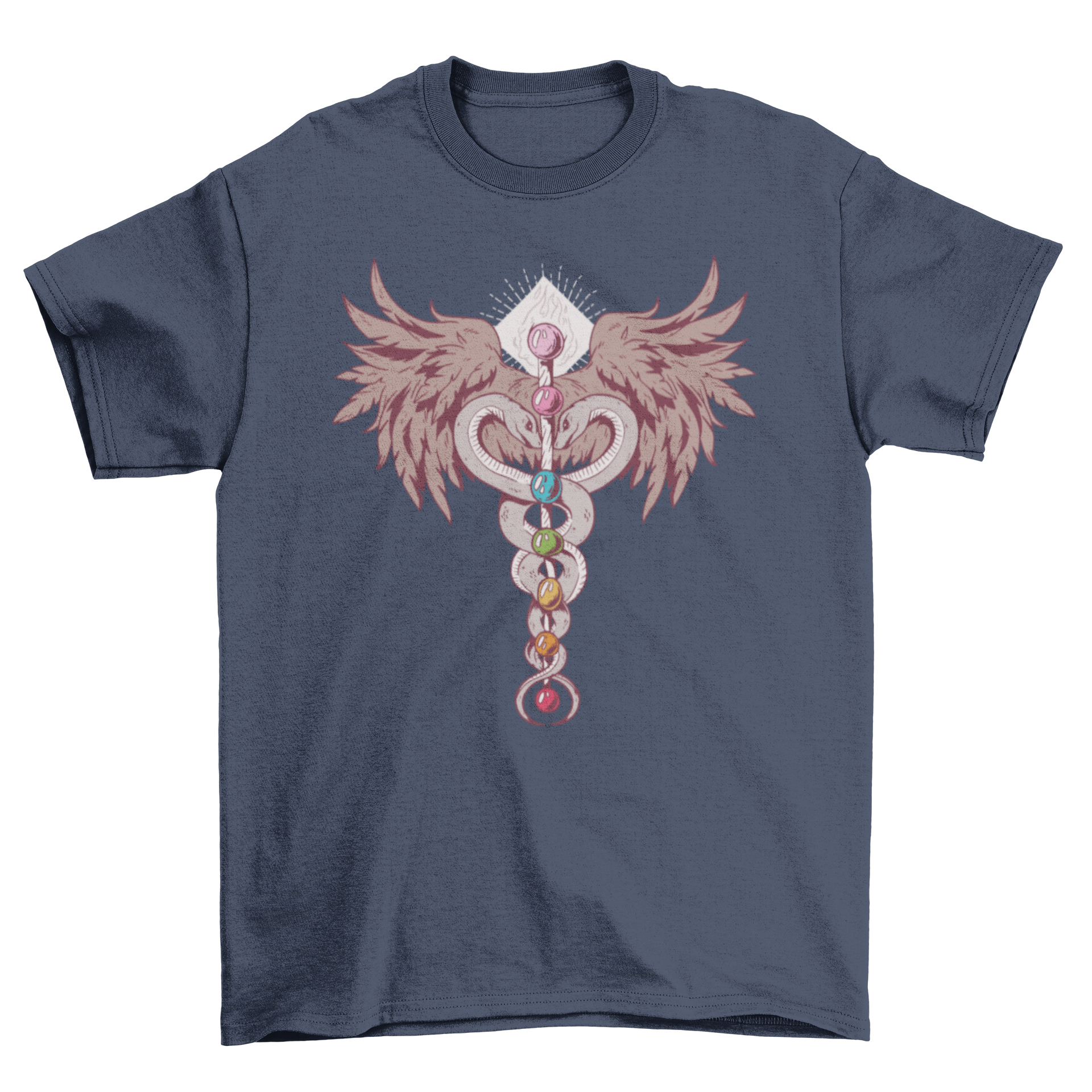 A colorful Seven Chakras T-Shirt featuring an artistic illustration of the seven chakras aligned vertically.