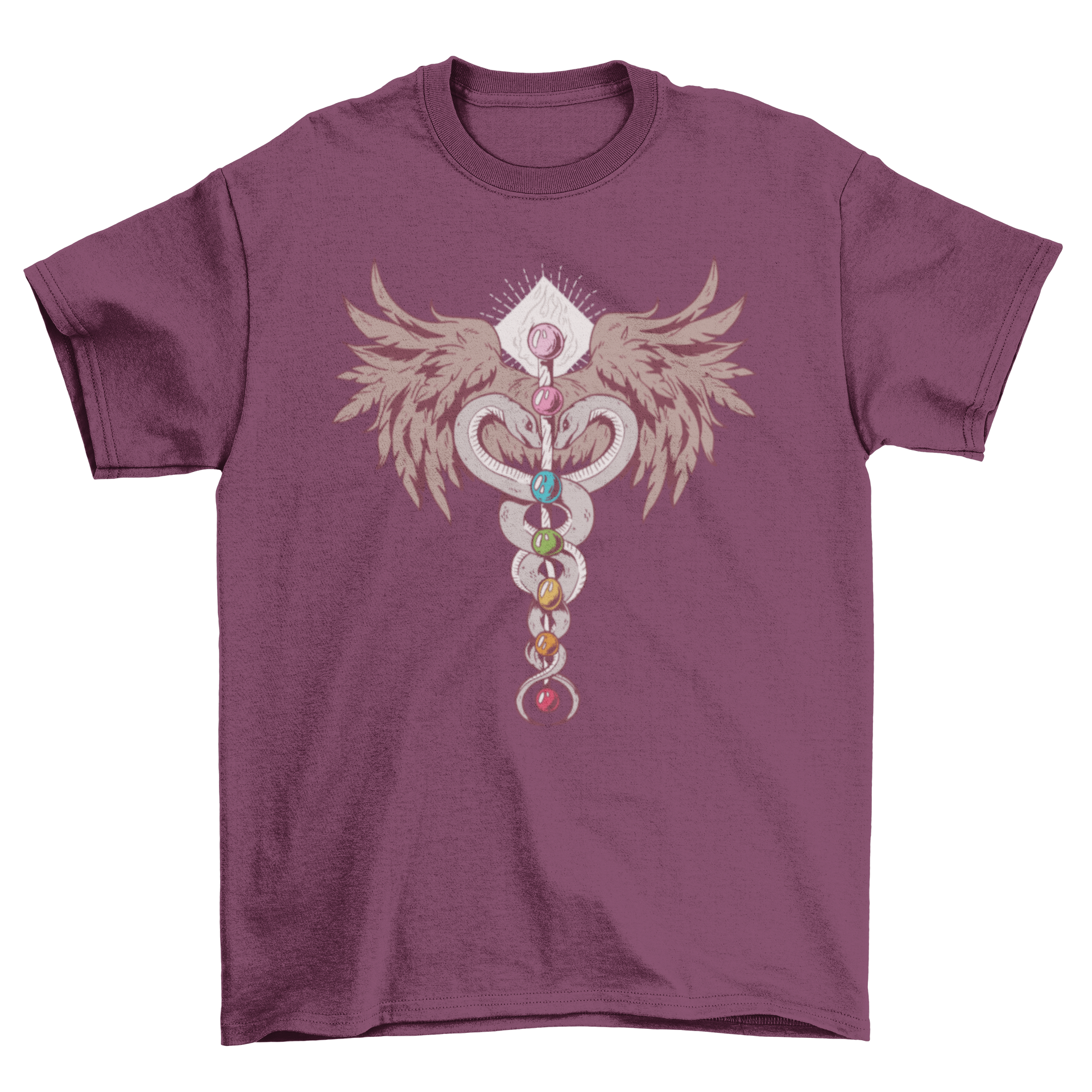 A colorful Seven Chakras T-Shirt featuring an artistic illustration of the seven chakras aligned vertically.