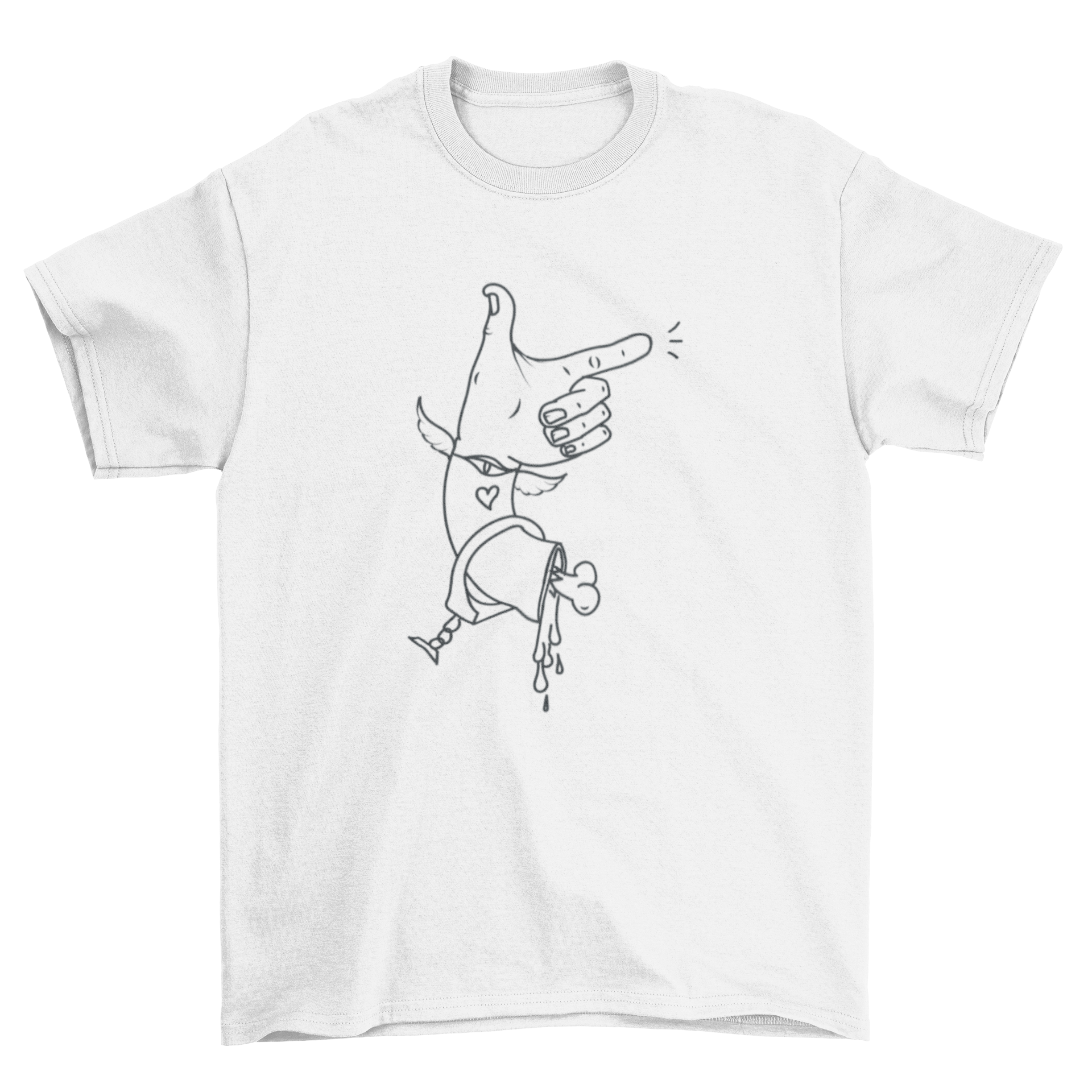 A stylish t-shirt featuring a severed hand making a finger gun gesture, showcasing a unique and edgy design.