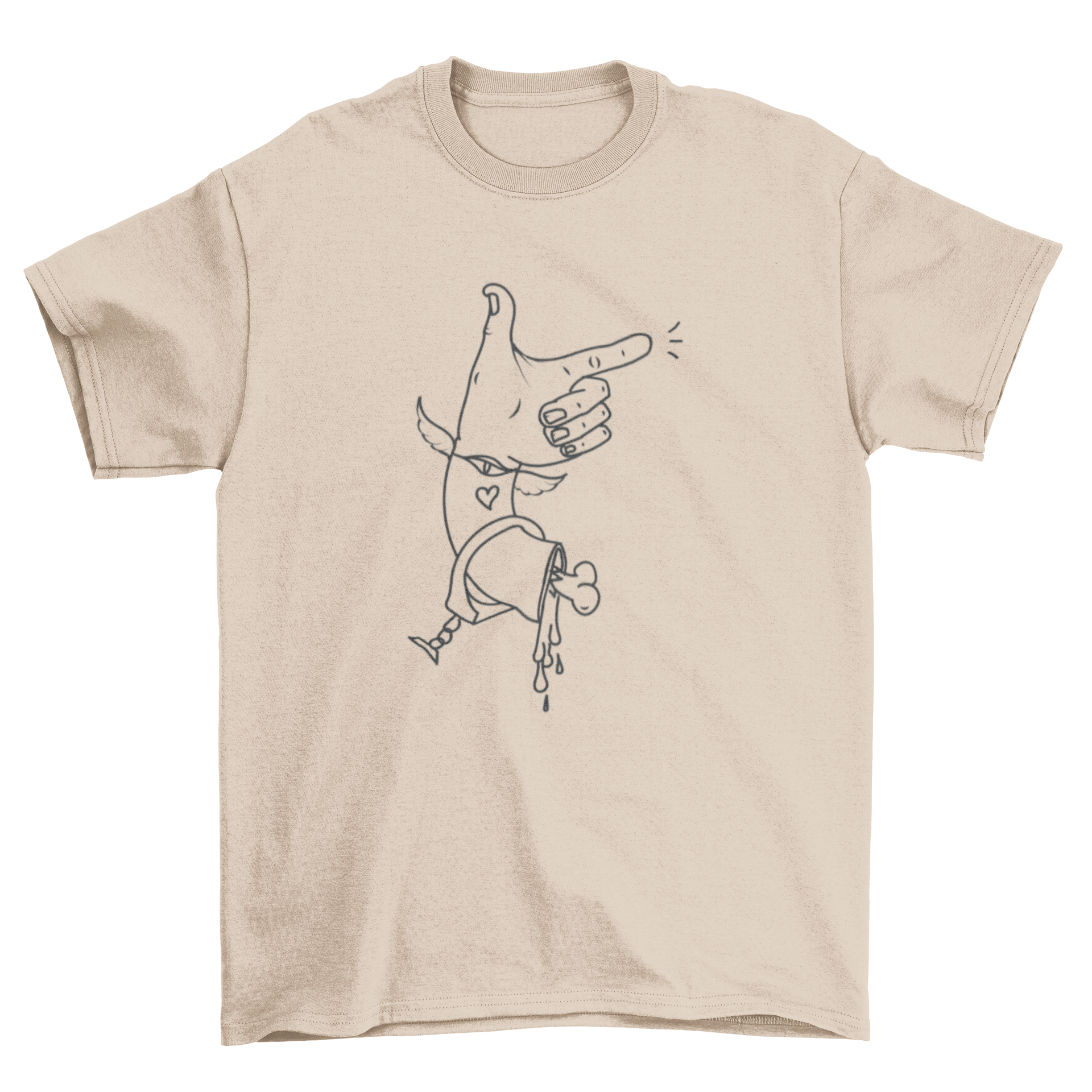 A stylish t-shirt featuring a severed hand making a finger gun gesture, showcasing a unique and edgy design.